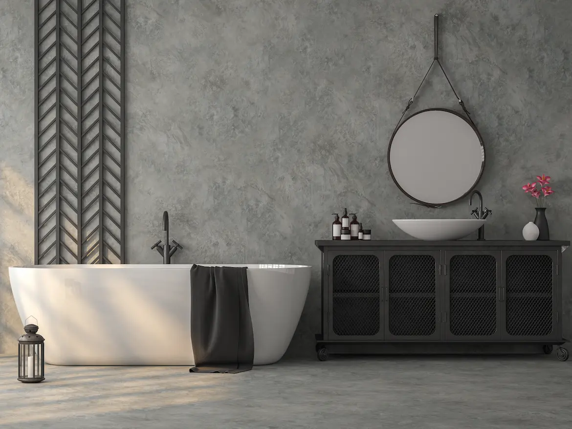 Elegant bathroom with wall and floor coated in microcement in Barcelona