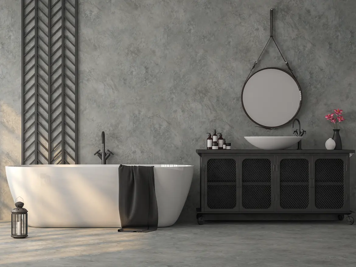 Elegant bathroom with wall and floor covered in microcement in Barcelona