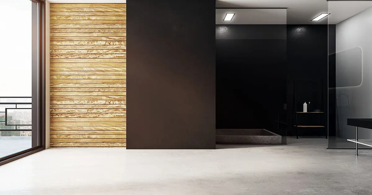 Mikrozement auf dem Boden eines grauen Badezimmers im minimalistischen Stil