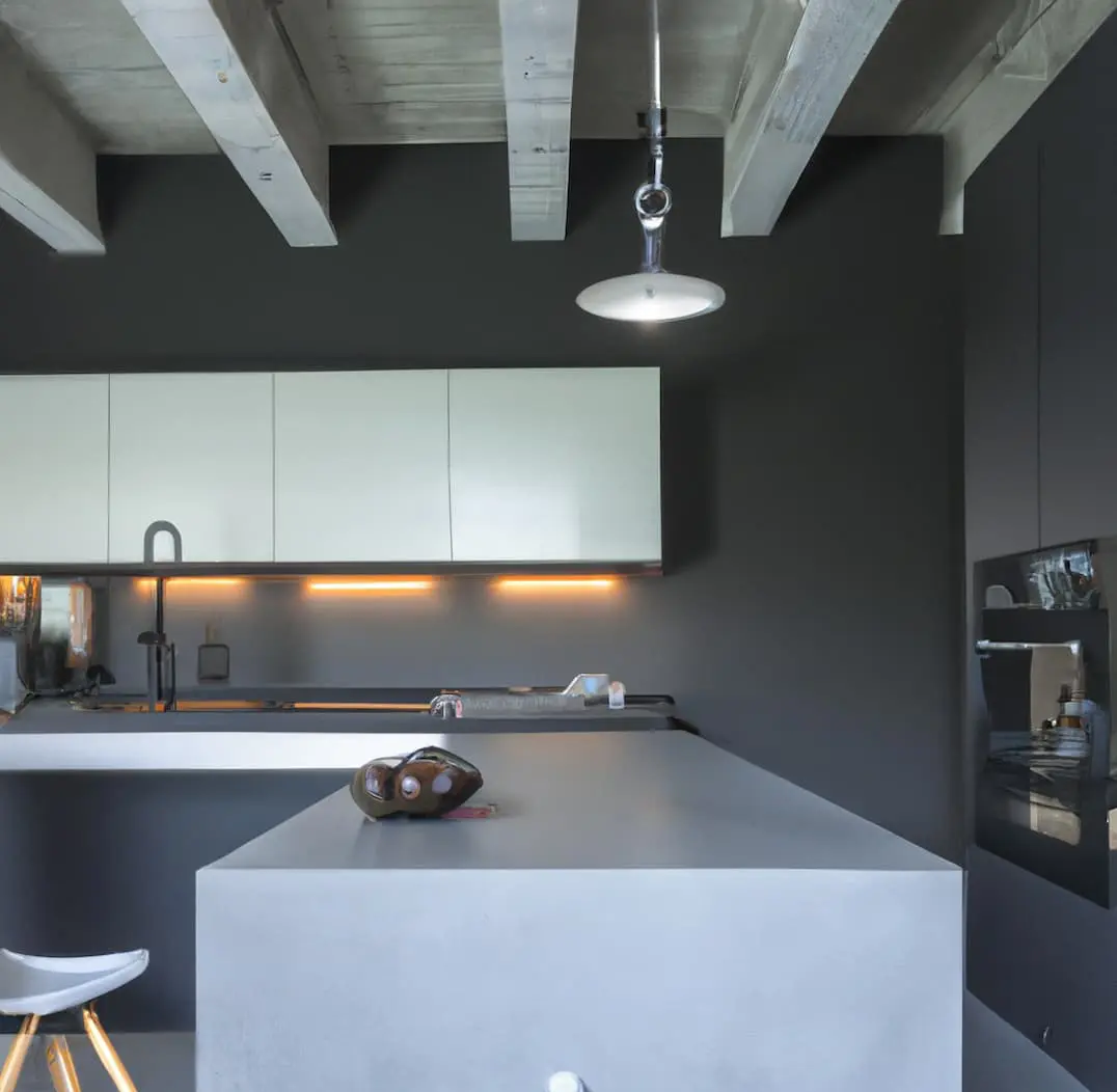 Küche in dunklen Tönen, mit Bar und grauer Mikrozementarbeitsplatte