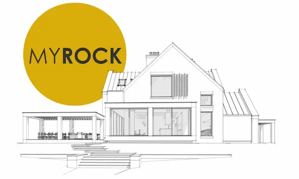 Logo von MyRock oben auf der Illustration eines zweistöckigen Chalets