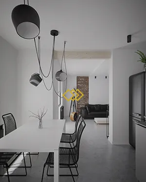 Offene weiße Küche mit minimalistischer Dekoration