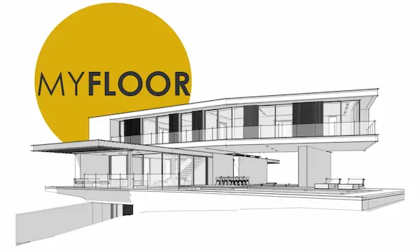 Logo des zweiseitigen Mikrozement-Finishing für Böden auf dem Modell einer luxuriösen Wohnung