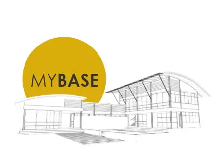 Αναπαράσταση ενός σπιτιού με ευθείες γραμμές με το λογότυπο του μικροτσιμέντου προετοιμασίας MyBase