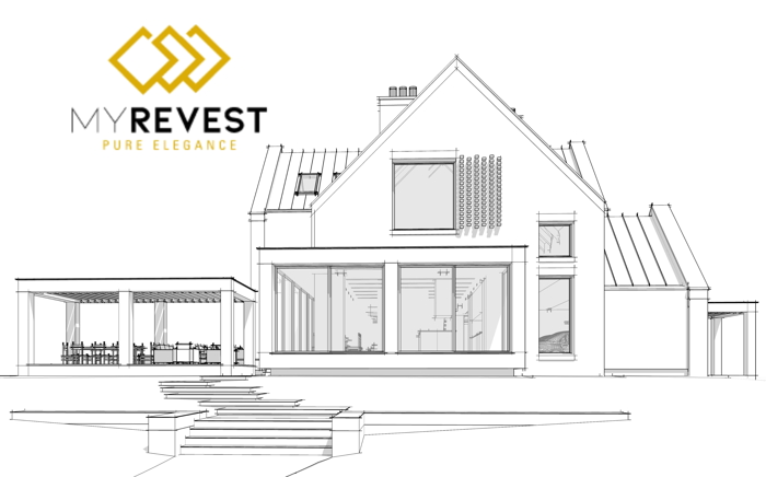 Illustration of a two-story micro-cement house with stairs at the entrance