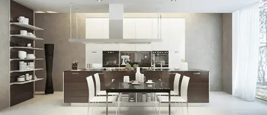 Kitchen with wall coated with microcement over tiles