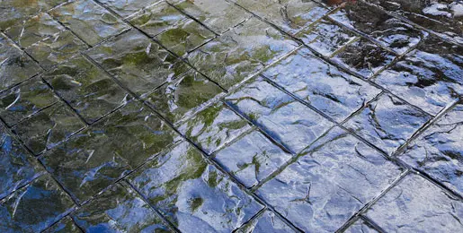 Freshly mopped black stamped concrete floor