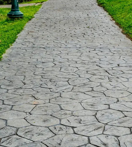 Garden with gray stamped concrete pavement