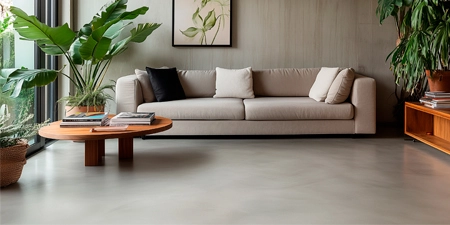 Living room with ready-to-use microcement flooring