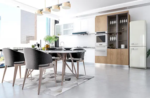 Microcement on light-colored kitchen floor