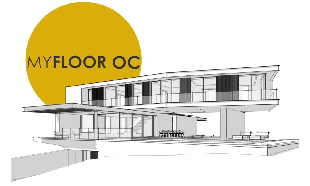Logo of the single-component microcement MyFloor OC next to a large house