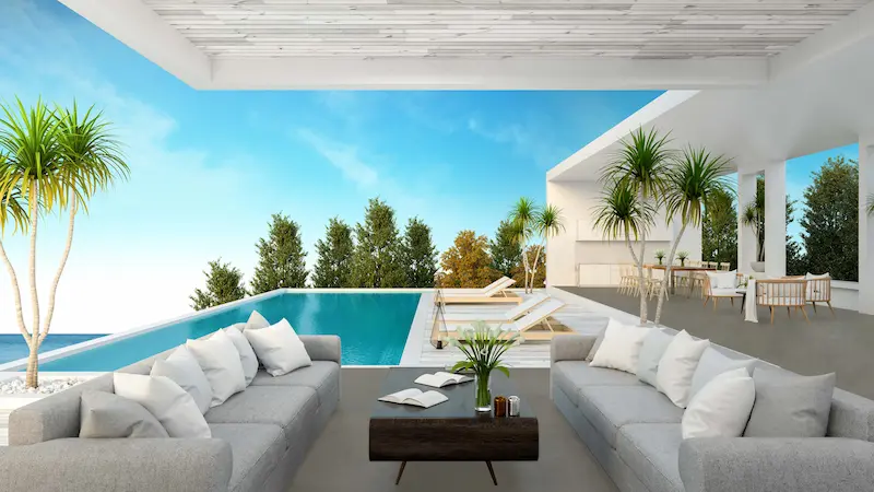 Espectacular terraza con piscina y suelo de microcemento en Sitges