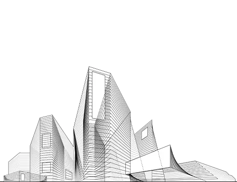 Representación 3D de un bloque de edificios de grandes dimensiones