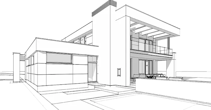 Kahe korrusega maja struktuur minimalistlike viimistlustega