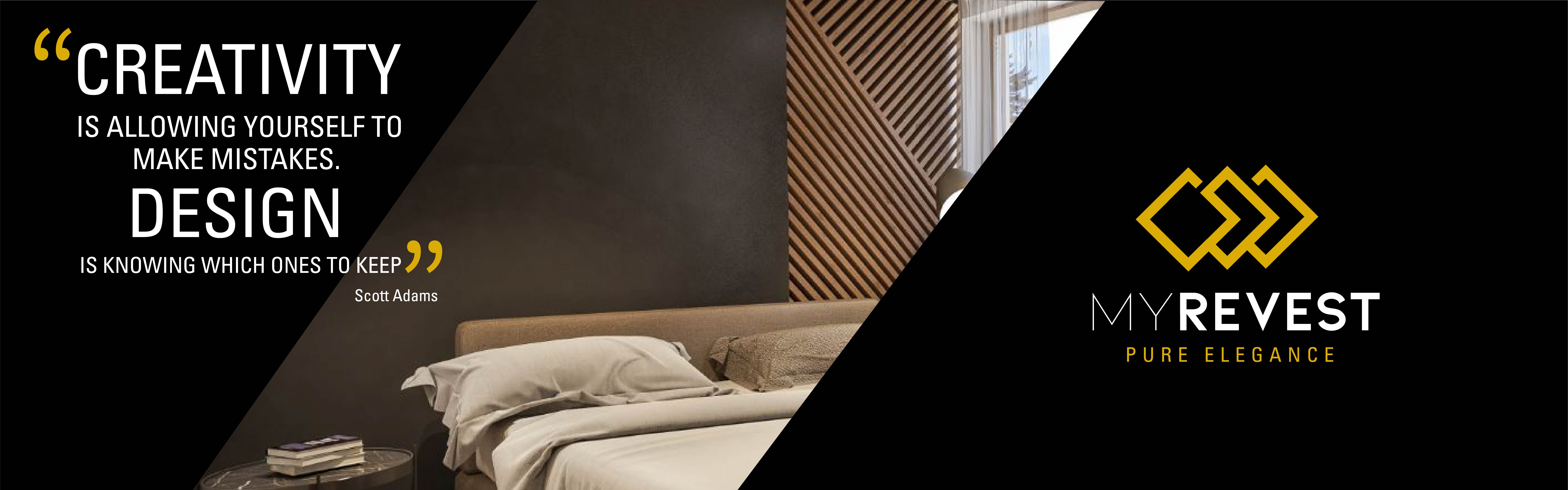 Mikrosementtipinnoite minimalistisen tyylin makuuhuoneen seinällä MyRevest-logon vieressä