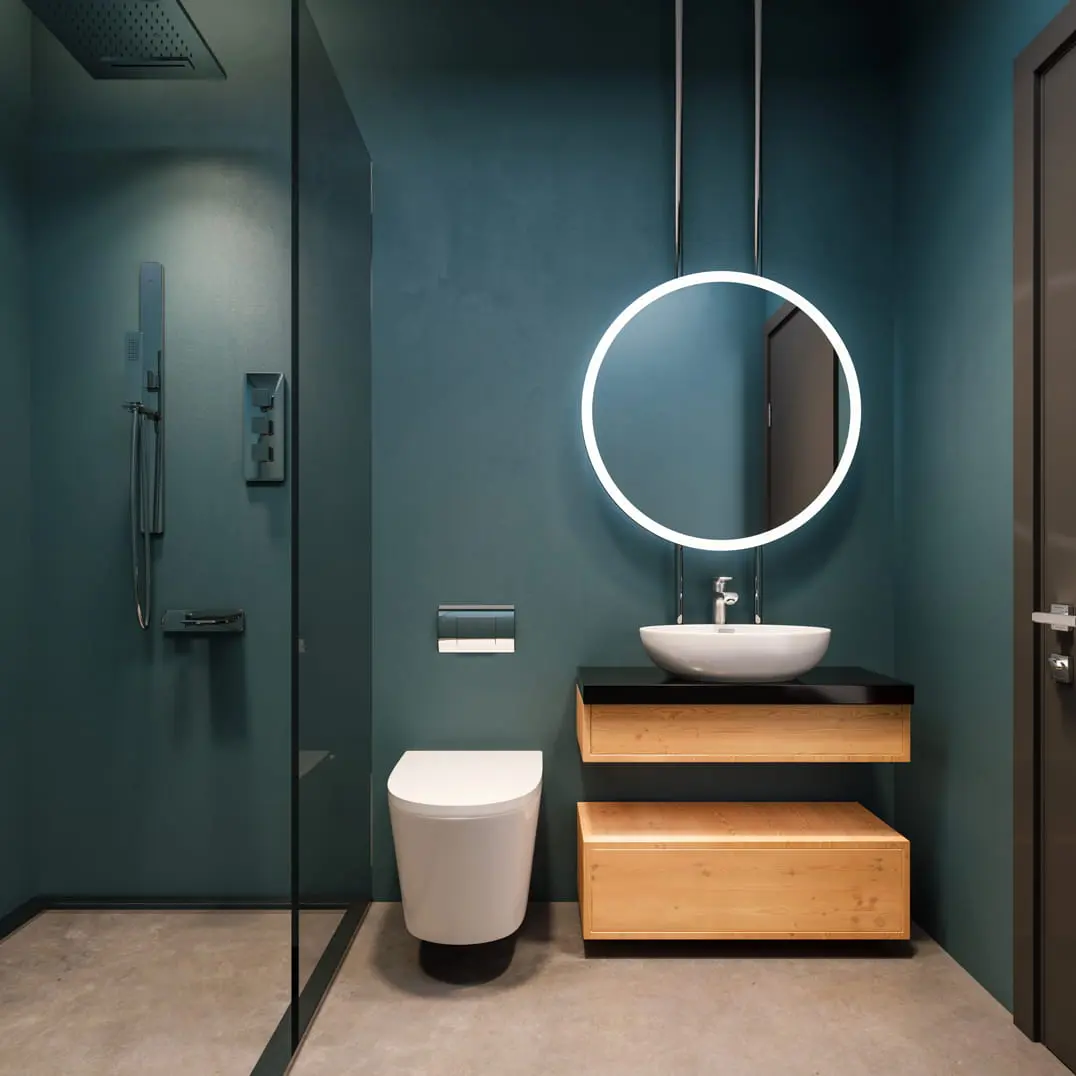 Mikrosementti kylpyhuone, jossa on vuorattu seinät ja lattiat tummanvihreällä sävyllä