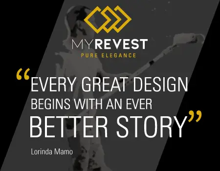 MyRevestのロゴと、白いローラーでワニスを塗りつける職人が並んでいる