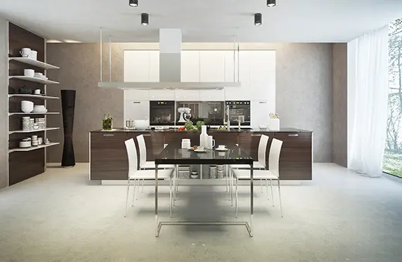 キッチンの床と壁を覆うミクロシメント