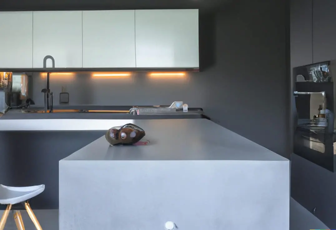 Maža virtuvė, padalinta sala ir dekoruota skirtingais pilkos spalvos atspalviais