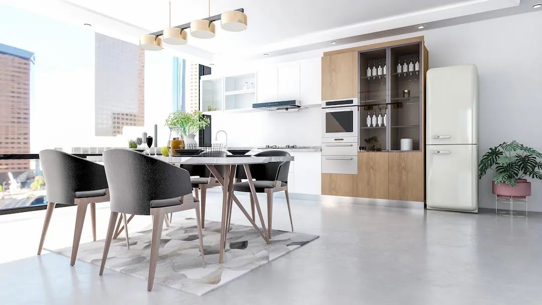 Virtuvė su pilkais mikrocemento grindimis