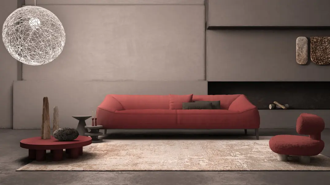Mikrocemento siena svetainėje, dekoruota raudonais foteliais ir švelnu apšvietimu