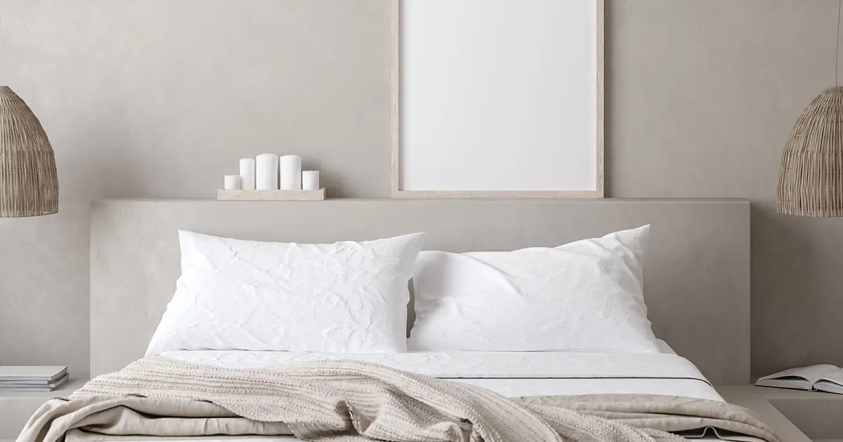 Bilik tidur disaluti dengan microcemento dengan hiasan gaya Nordic