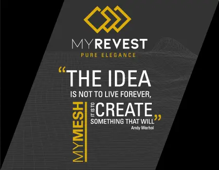 Pelan 3D dengan jaring serat gelas yang terbentang di atas latar belakang hitam dan dengan logo MyRevest di bahagian atas