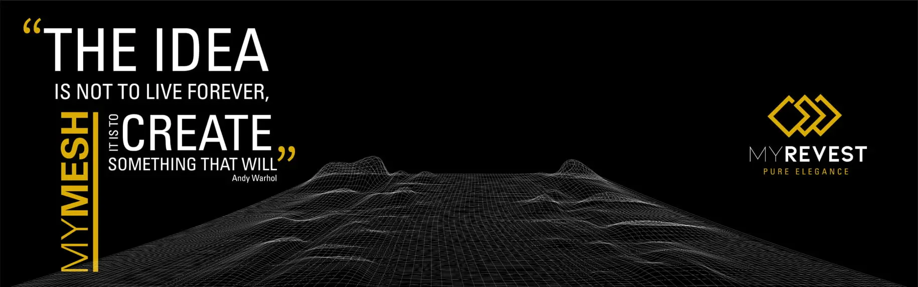 3D-ritning med ett utsträckt glasfibernät mot en svart bakgrund och med MyRevest-logotypen i övre delen