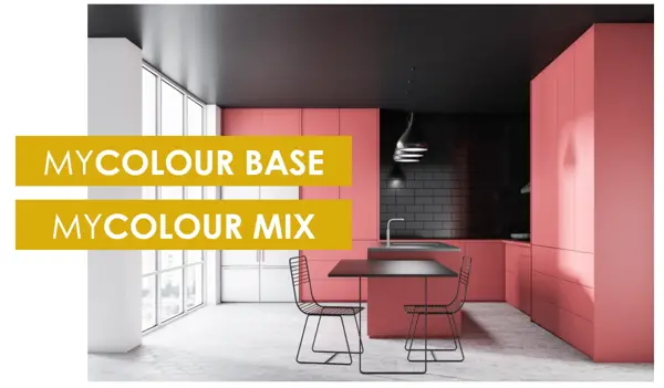 Modernt kök klätt med mikrocement och dekorerat i vita, svarta och rosa toner