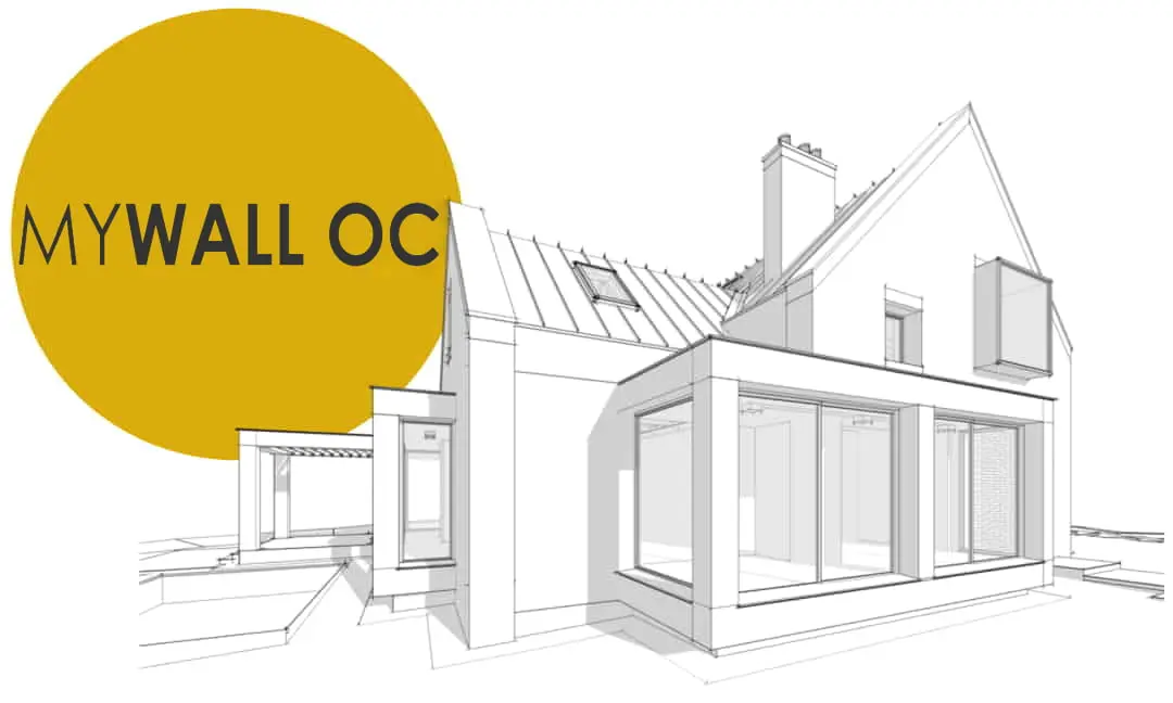 Tek bileşenli mikro çimento MyWall OC logosu, ana hatlarıyla belirtilmiş bir evin üzerine yerleştirilmiştir
